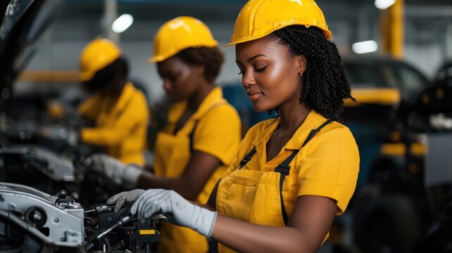 womenworker diversity skills. Women in yellow uniforms work on vehicles in a workshop, showcasing skills in automotive repair and promoting diversity in technical fields.