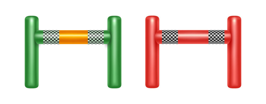 Finish inflatable race arch for challenge or sports tournament. Vector realistic set of gates for winner. Inflated balloon with flag, completing marathon or competition, square entrance