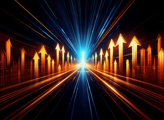 Glowing orange and blue arrows converge on a bright light at the end of a digital highway, symbolizing progress and advancement.