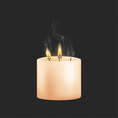 Multi wick scented aromatic candle with flames and smoke. Vector realistic candlelight glow and heat from paraffin or natural wax candle, isolated on transparent background