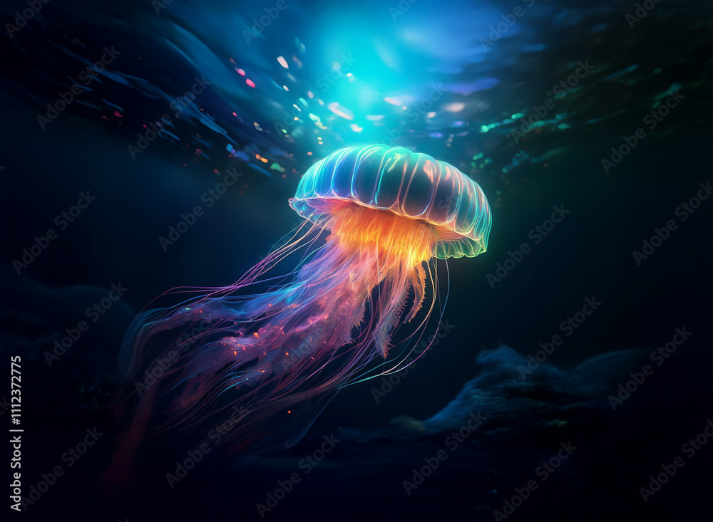 Aufkleber A bioluminescent jellyfish gracefully floats in the deep ocean, its vibrant bell and trailing tentacles glowing with ethereal light. The surrounding water shimmers with particles.