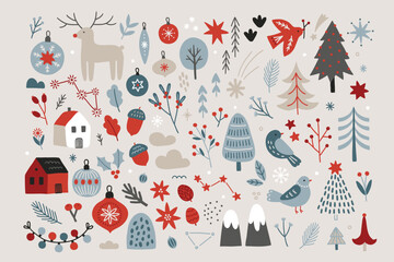 Christmas set - deer, ball, bauble, fir tree, bird, house, garland, berry, snowflake, star, mountain, leaves on white background. Perfect for winter greeting cards, decorations. Vector illustration