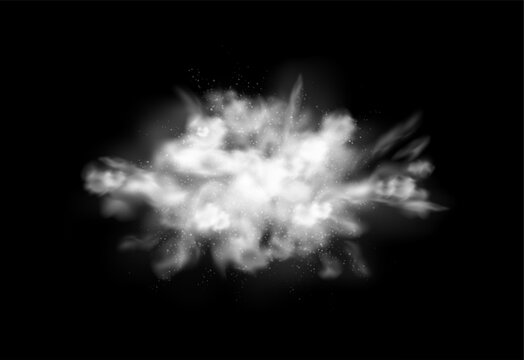 Powder splash with white pieces and particles. Vector isolated realistic burst of dust or sand. Freeze moment of flour throw, festival dye or holi paint. Artistic effect of blast or explosion