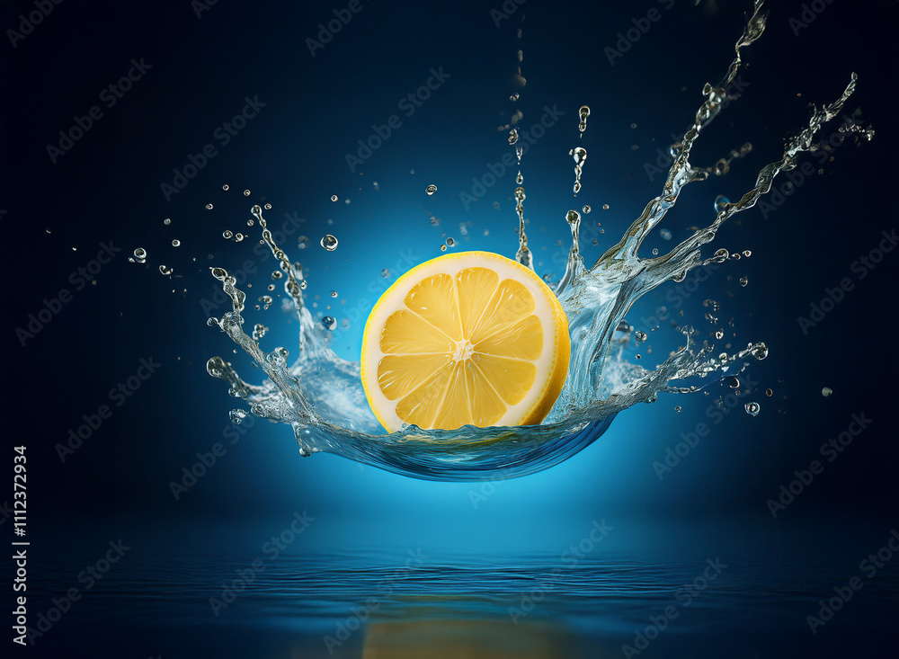 Aufkleber a vibrant lemon slice creates a dynamic splash in clear water against a dark blue background. the im