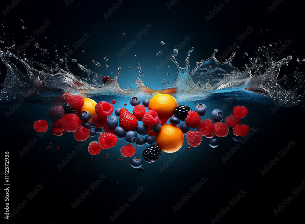Poster A vibrant mix of berries and citrus fruits submerged in water, creating a dynamic splash.  The dark background accentuates the colorful fruits.