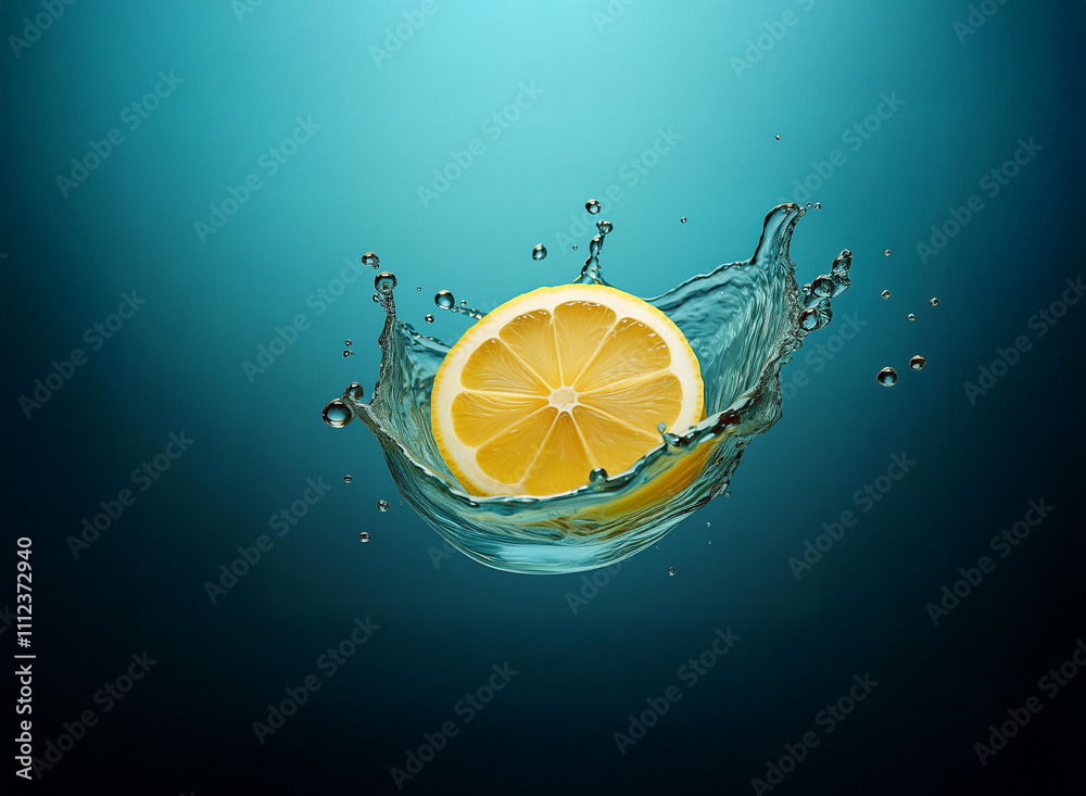 Poster A vibrant lemon slice creates a dynamic splash in clear water against a teal backdrop. The image is fresh, clean, and evokes feelings of refreshment.