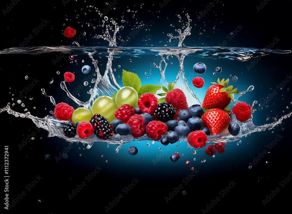 Poster vibrant berries and grapes splash into clear water, creating a dynamic, colorful scene against a dar