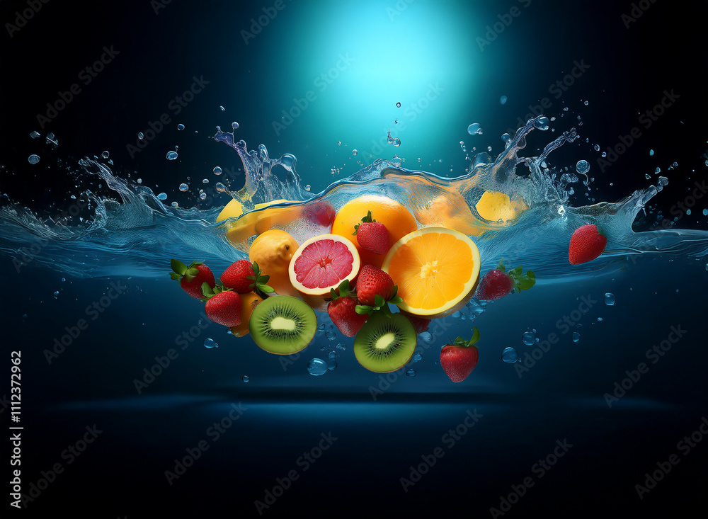 Poster vibrant citrus fruits and strawberries splash into clear water, creating a dynamic, refreshing scene