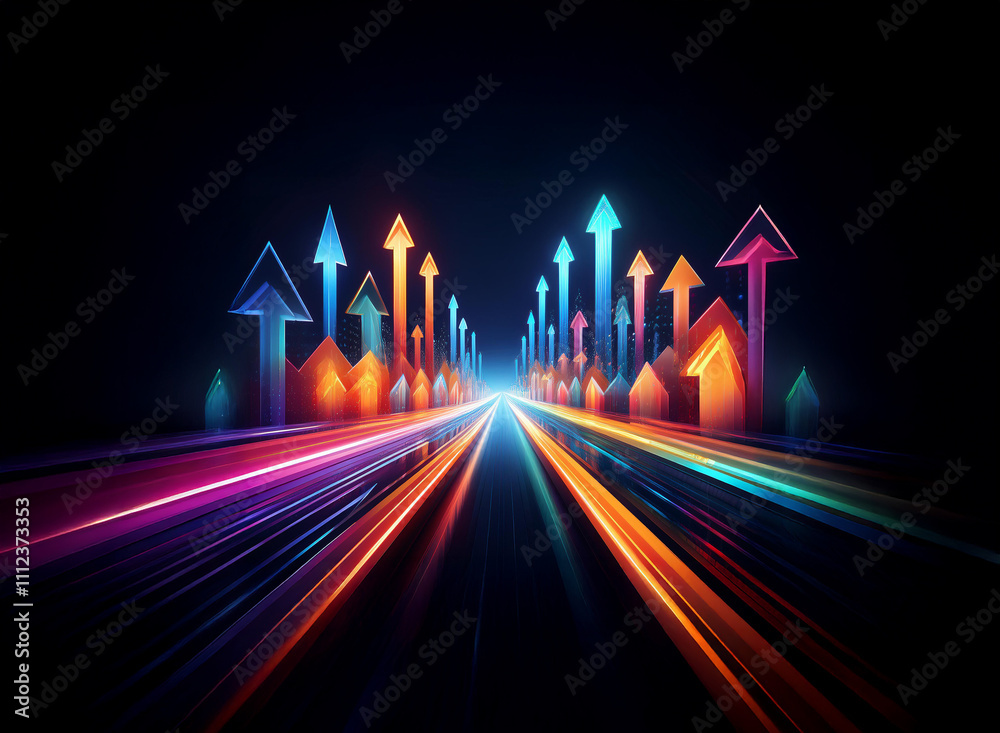 Poster a vibrant highway of colorful, glowing arrows stretches into the dark, symbolizing rapid growth and 