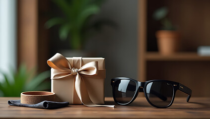 A father is celebrated with a luxurious gift and stylish accessories, reflected in an upscale backdrop with empty space for personalized message._00001_