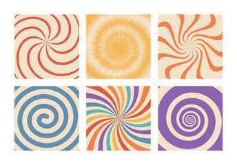 Swirl sunburst psychedelic retro abstract backgrounds 70s style set. Vintage spiral distorted ray patterns.
