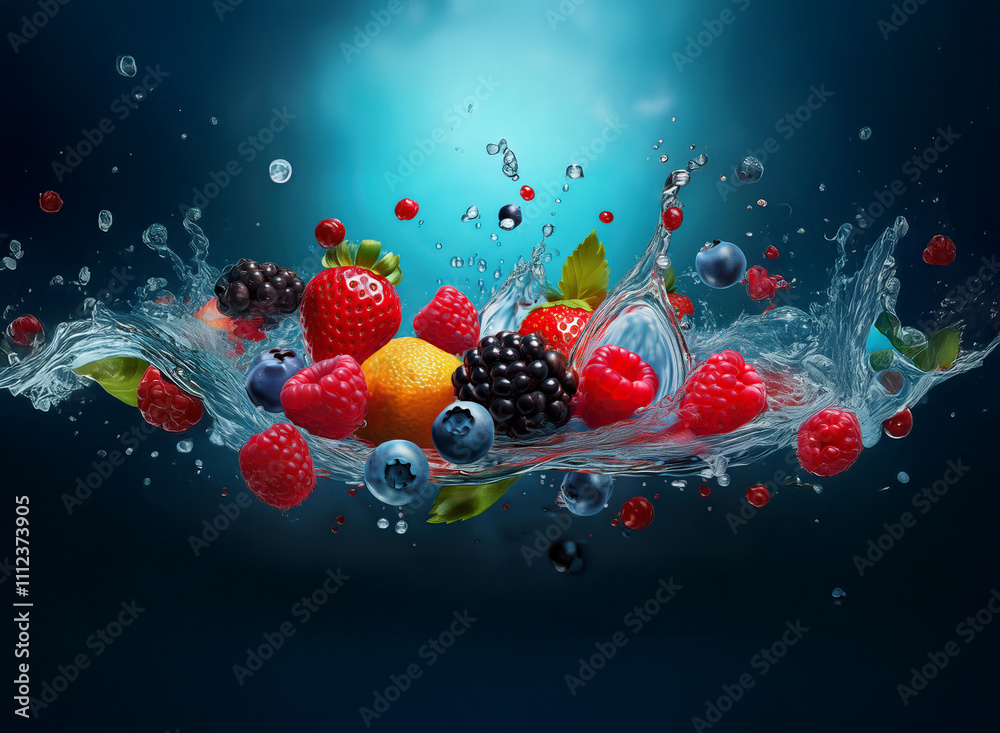 Aufkleber a vibrant mix of fresh berries and a splash of water create a dynamic, juicy composition. the image 