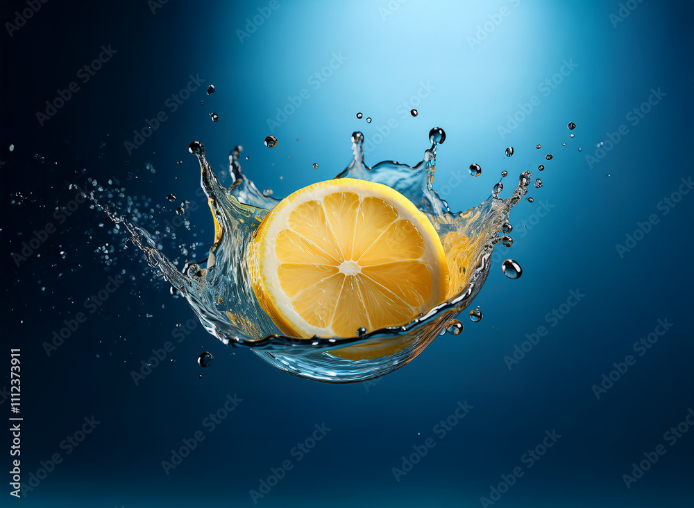 Poster a vibrant lemon slice creates a dynamic splash in clear water against a deep blue backdrop. the imag