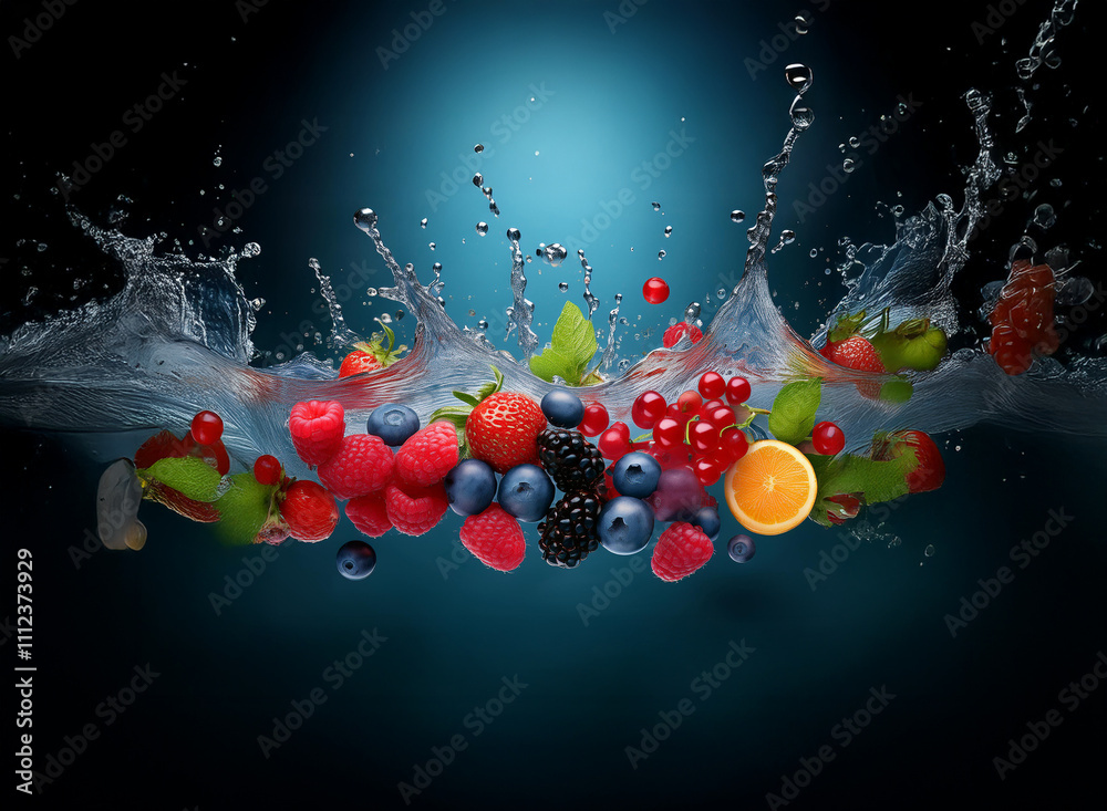 Poster a vibrant mix of fresh berries and an orange splashing into clear water, creating a dynamic and deli