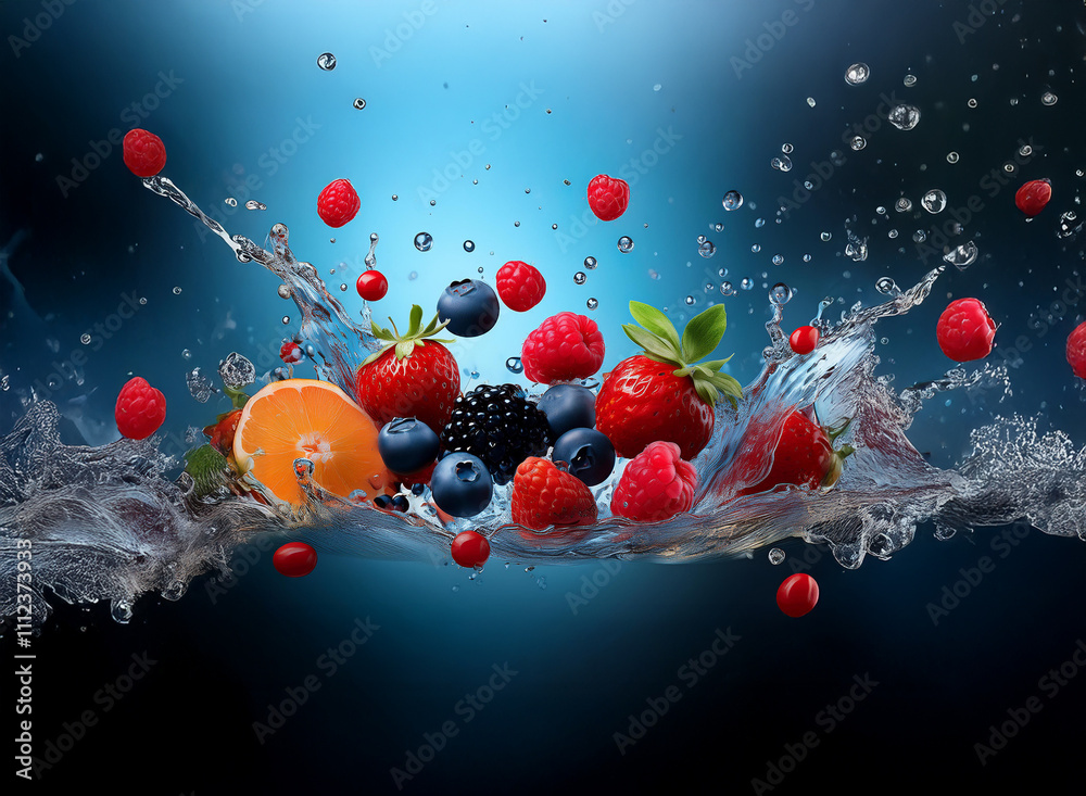 Poster Vibrant berries and citrus fruit splashing into clear water, creating a dynamic, refreshing image.  Water droplets and splashes surround the fruit.