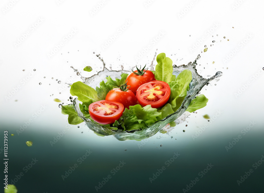 Poster A vibrant splash of water showcases fresh lettuce and juicy tomato slices, creating a dynamic and appetizing image.