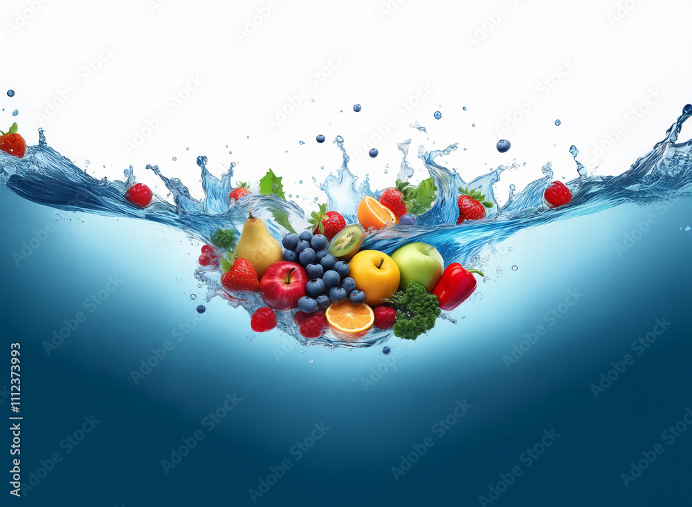 Poster Vibrant fruits and vegetables splashing into clear water, creating a dynamic and refreshing scene.  The image evokes feelings of health and vitality.