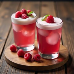 Two cocktails garnished with raspberries limes and served chilled on a wooden platter