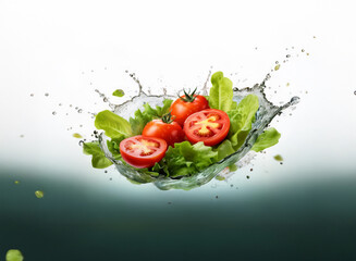 A vibrant splash of water showcases fresh lettuce and juicy tomato slices, creating a dynamic and appetizing image.