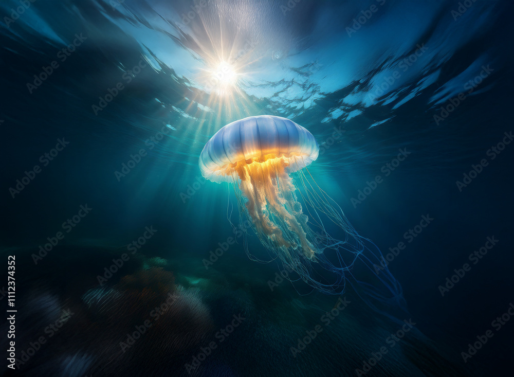 Poster a majestic jellyfish, illuminated by sun rays penetrating the ocean's surface, drifts gracefully in 
