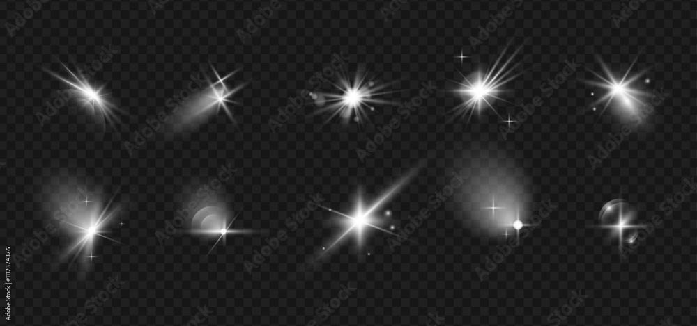Poster glitter effect, photography camera flame on lens. vector isolated set of flashing and beaming lights