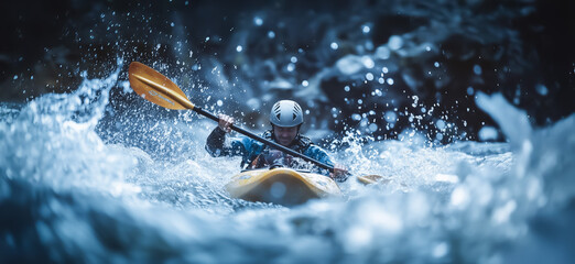 Fototapeta premium A yellow kayak maneuvering through wild rapids, emphasizing the action-packed nature of the sport with splashing water all around.