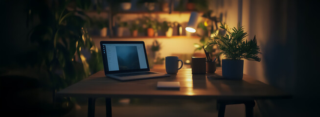 A modern workspace featuring a sleek laptop on a wooden desk, surrounded by lush green plants and illuminated by soft evening lights.