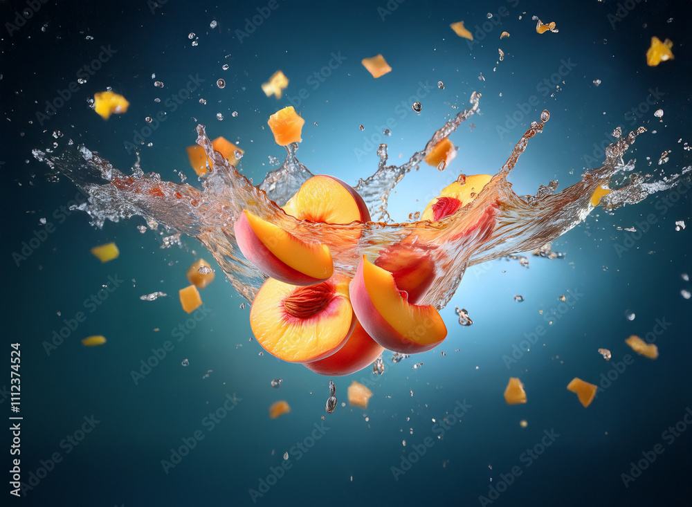 Poster juicy peach slices splash into water, creating a vibrant, dynamic scene. the fruit's freshness is hi