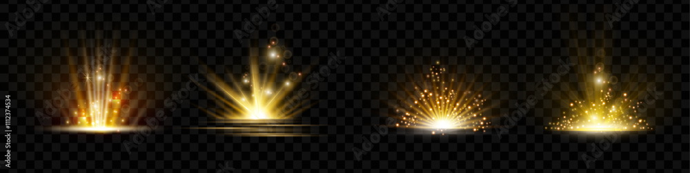 Poster horizontal burst effect with ray and golden flying powder. vector isolated set of explosions and bur