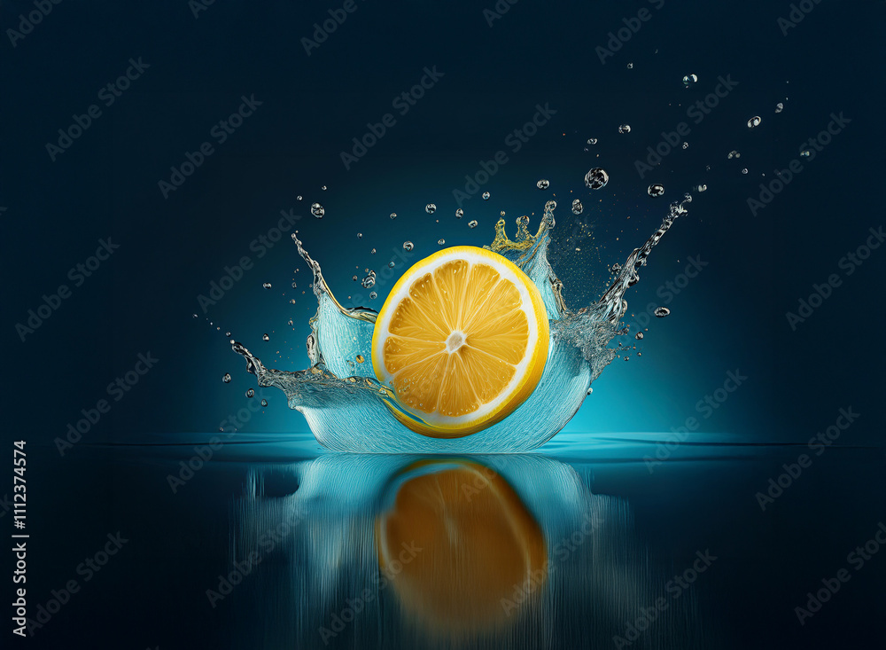 Poster a vibrant lemon slice creates a stunning splash in aqua water, its reflection mirrored on a dark sur