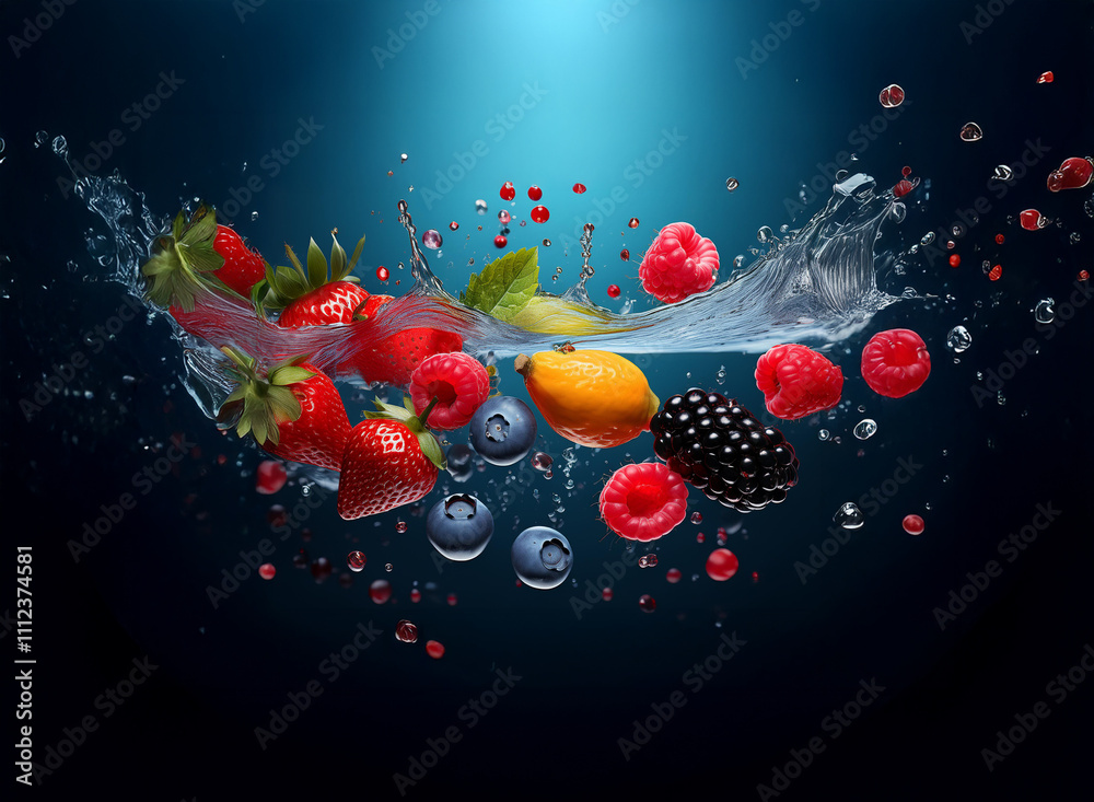 Poster a vibrant mix of fresh berries and mango splashes into clear water, creating a dynamic, colorful sce