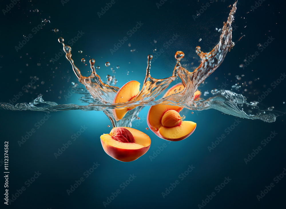 Poster three peach halves splash into clear water, creating a dynamic, vibrant underwater scene against a d