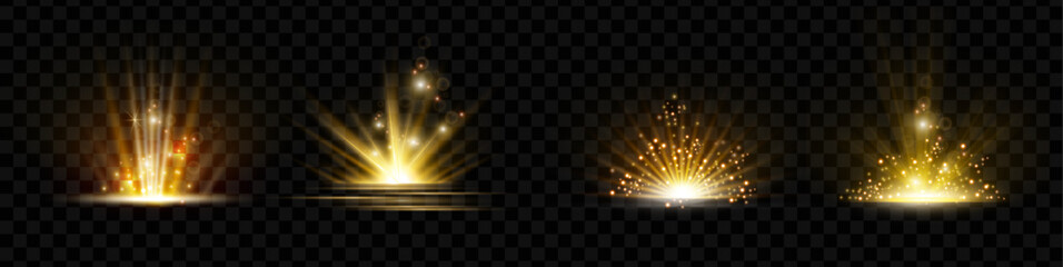 Obraz premium Horizontal burst effect with ray and golden flying powder. Vector isolated set of explosions and bursts, sparkles and energy discharge, beam of light and illumination. Magic and game design