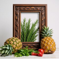 A charming scene featuring rosemary pineapples and other herbs and produce