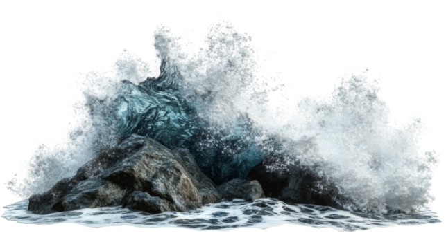 Sea wave hitting rock transparent background