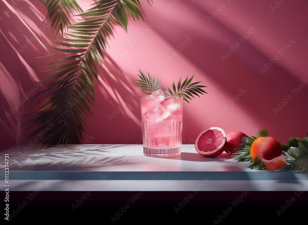 Poster pink cocktail with ice in a rocks glass, garnished with citrus and palm leaves, sits on a light surf