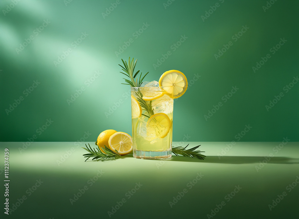 Poster refreshing lemonade with lemon slices and rosemary sprigs in a tall glass, set against a vibrant gre
