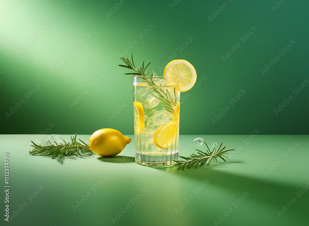 Aufkleber refreshing lemon and rosemary drink in a tall glass with ice, garnished with lemon slices and rosema