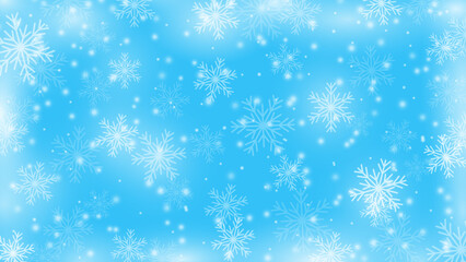 Frosty winter background with snowflakes. New Year's blue and white snow texture.