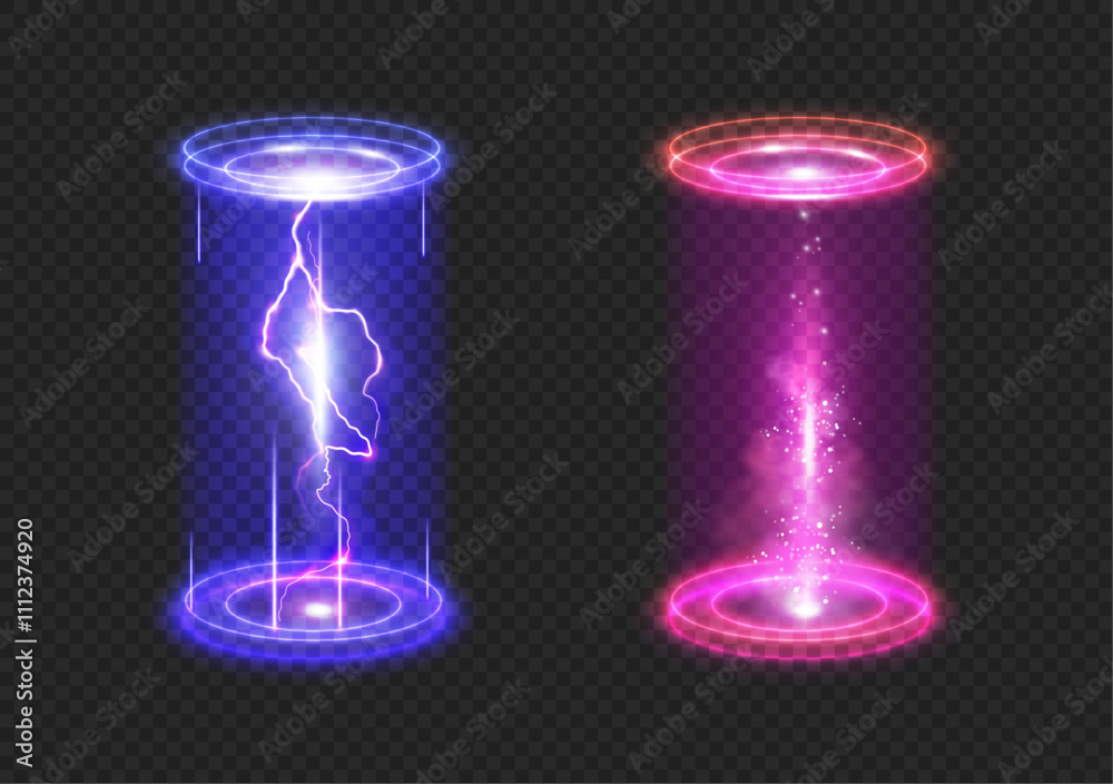 Poster futuristic teleportation tunnel for game, level up or magical traveling process. vector isolated set
