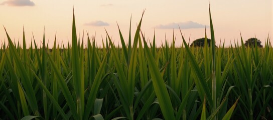 Fototapeta premium Vibrant sunset photograph showcases sustainable agriculture in sugarcane fields