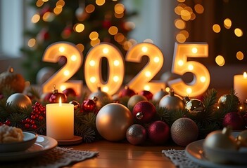 A realistic and high-quality photo of a snowy city square at night. A massive, beautifully decorated Christmas tree stands at the center, adorned with shimmering lights, ornaments, and a glowing star 