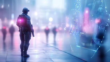 Fototapeta premium A ceasefire agreement bringing peace and resolution to the conflict. Futuristic Soldier with Technology in Cityscape at Night in Cyberpunk Style