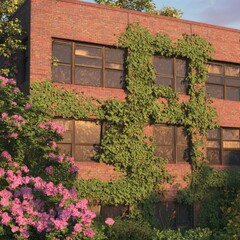 Ivy Covered Brick Building with Spring Blossoms