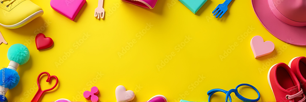 Poster a colorful flat lay of symbolic accessories celebrates pride and inclusivity with a yellow backdrop 