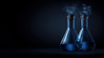 Two glass flasks filled with blue liquid, emitting wisps of vapor, set against a dark background, Ideal for scientific themes, chemistry presentations, or articles about innovations in science,