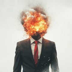 Artistic depiction of a man's mind bursting in flames.