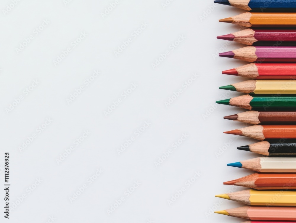 Poster Brightly colored pencils are organized in a neat stack, showcasing sharp points in a gradient against a pale blue surface, leaving space for text or graphics