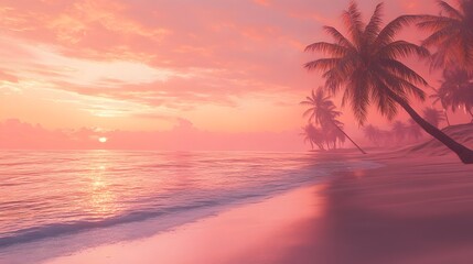 A tranquil beach at dawn, with gentle waves lapping at the shore, pink and orange hues in the sky, and palm trees swaying in the breeze
