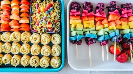 Colorful Kid-Friendly Lunchbox Delight: Rainbow Pasta Salad, Fruit Skewers & Homemade Cookies